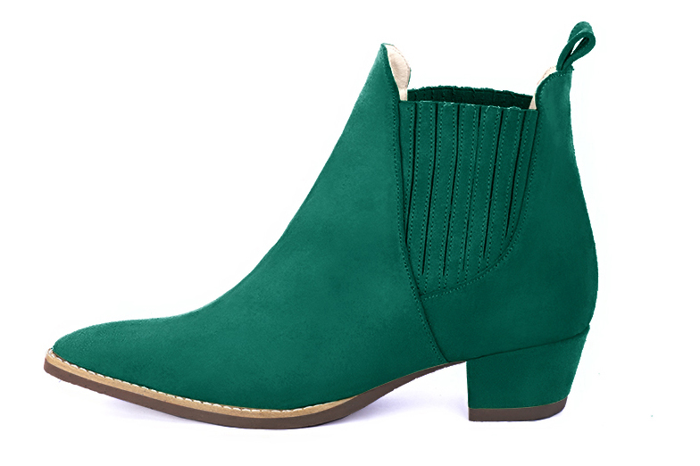 Emerald green women's ankle boots, with elastics. Tapered toe. Low cone heels. Profile view - Florence KOOIJMAN
